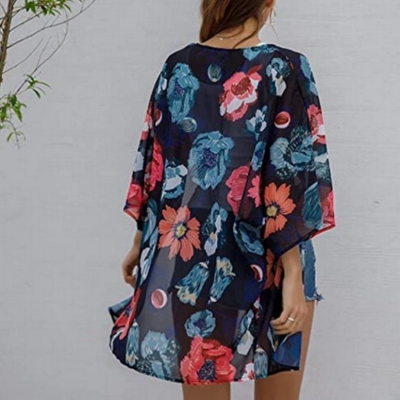 Casual Floral Print Loose Cover Up Kimono Cardigan Blouse Top Black - Picture 2 of 4